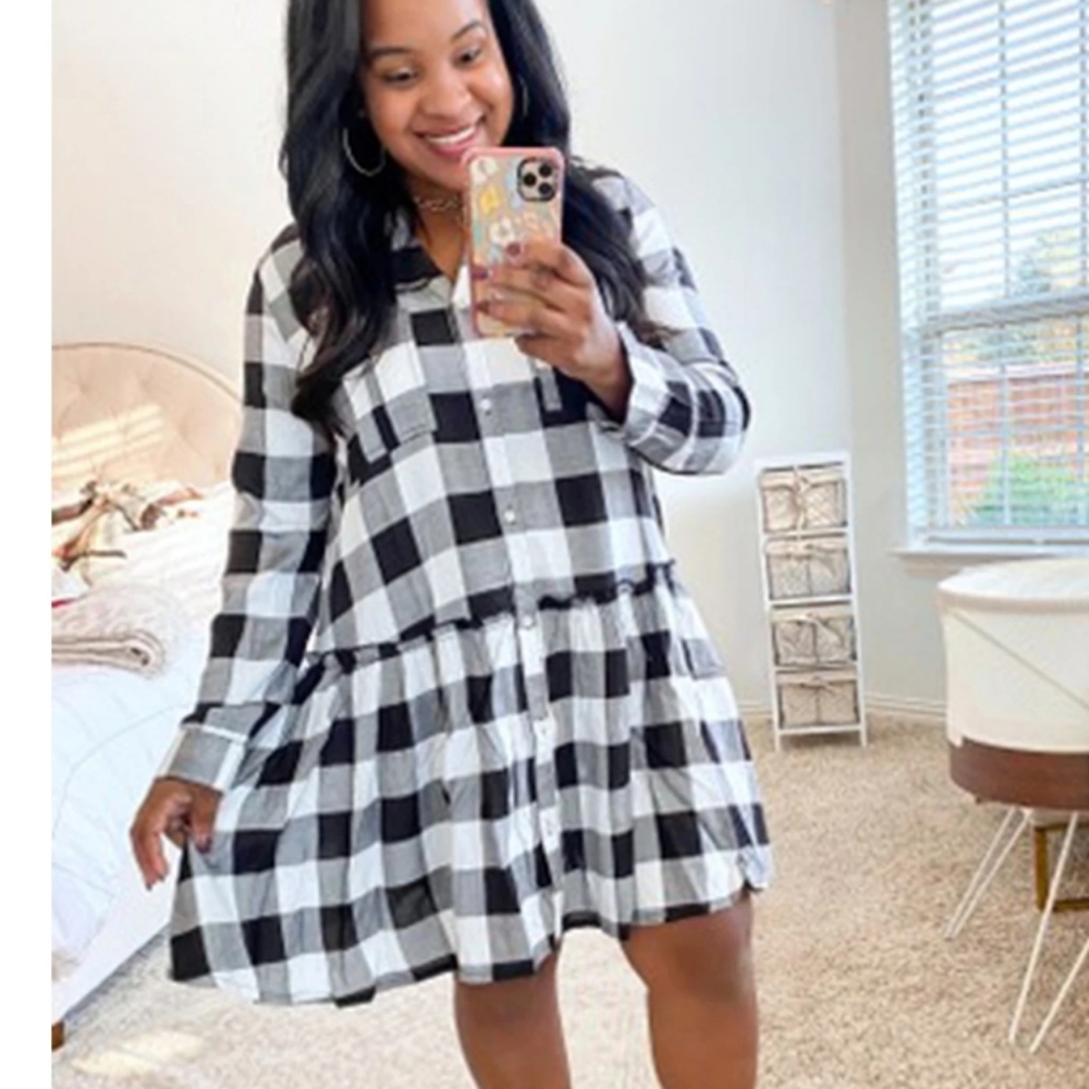 DECKER BLACK PLAID FLOUNCE DRESS - Picture 2 of 8